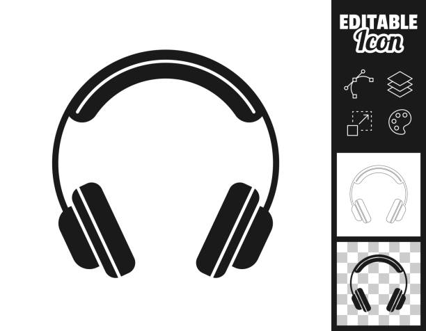 Headphones. Icon for design. Easily editable Icon of "Headphones" for your own design. Three icons with editable stroke included in the bundle: - One black icon on a white background. - One line icon with only a thin black outline in a line art style (you can adjust the stroke weight as you want). - One icon on a blank transparent background (for change background or texture). The layers are named to facilitate your customization. Vector Illustration (EPS file, well layered and grouped). Easy to edit, manipulate, resize or colorize. Vector and Jpeg file of different sizes. black and white headphones stock illustrations