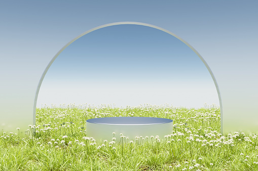 3d render platform and Natural podium background on meadow and grass field with glass arch door for product display, Blank showcase, mock up template or cosmetic presentation with empty round stage