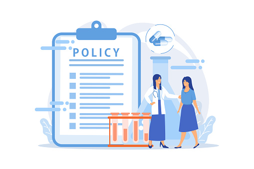 Pharmaceutical policy on clipboard and researchers, tiny people. Pharmaceutical policy, pharmaceutical lobby, drugs production control concept. flat vector modern illustration