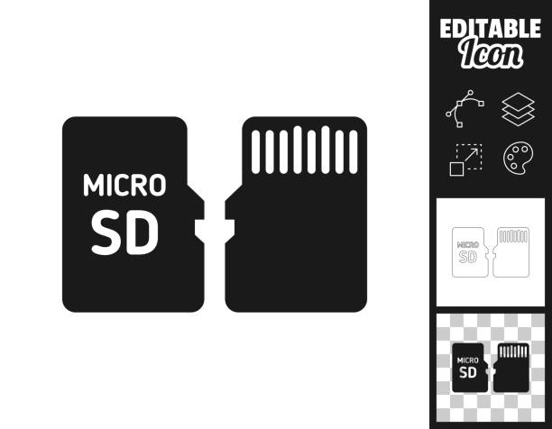 illustrazioni stock, clip art, cartoni animati e icone di tendenza di scheda micro sd - vista frontale e posteriore. icona per il design. facilmente modificabile - memories memory card technology storage compartment