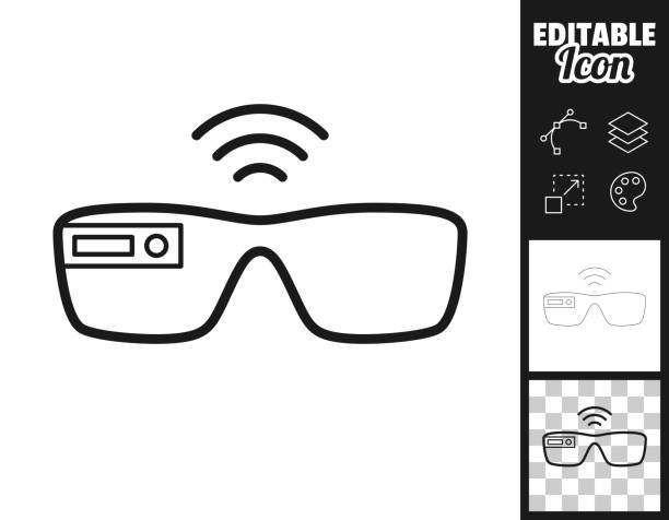 Smart glasses. Icon for design. Easily editable Icon of "Smart glasses" for your own design. Three icons with editable stroke included in the bundle: - One black icon on a white background. - One line icon with only a thin black outline in a line art style (you can adjust the stroke weight as you want). - One icon on a blank transparent background (for change background or texture). The layers are named to facilitate your customization. Vector Illustration (EPS file, well layered and grouped). Easy to edit, manipulate, resize or colorize. Vector and Jpeg file of different sizes. black and white eyeglasses clip art stock illustrations
