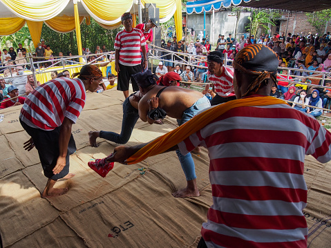 The okol wrestling tradition is still maintained by residents of Setro Village, Menganti District, Gresik, East Java, until now (October 9, 2022). This unique tradition is a form of gratitude for the crops obtained by farmers. After harvesting and in the dry season, they hold alms, remo kaulan, and traditional wrestling called by okol. This wrestling ritual was originally carried out in wet rice fields due to rain. However, now okol wrestling is held on stage with mats from burlap sacks placed on top of a pile of husks as a safety measure, a kind of boxing ring.
