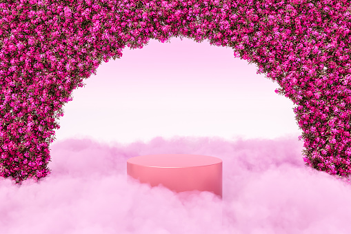 3d render platform and Natural podium background on the high clouds with pink flower arch door for product display, Blank showcase, mock up template or cosmetic presentation with empty round stage
