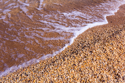 Summer background. Top view sandy beach with ripple sea ocean water surface