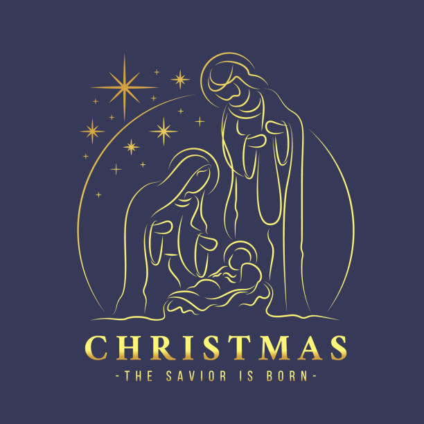christmas the savior is born abstract gold line drawing The Nativity with mary and joseph in a manger with baby Jesus on dark background vector design christmas the savior is born abstract gold line drawing The Nativity with mary and joseph in a manger with baby Jesus on dark background vector design jesus christ stock illustrations