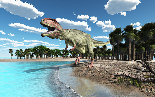 Computer generated 3D illustration with the dinosaur Giganotosaurus at the beach