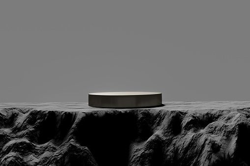 3d render platform and Natural podium background on moutain cliff for product display, Blank showcase, mock up template or cosmetic presentation with empty round stage