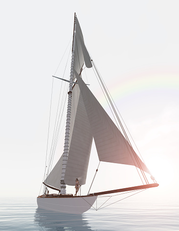 Computer generated 3D illustration with a sailing yacht in fog and rainbow