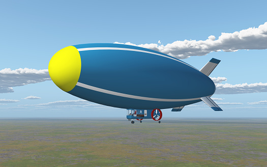 Computer generated 3D illustration with an airship over a landscape