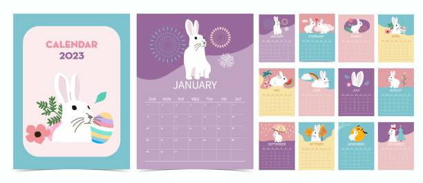stockillustraties, clipart, cartoons en iconen met cute seasonal holiday calendar 2023 with rabbit special festival - april 2023