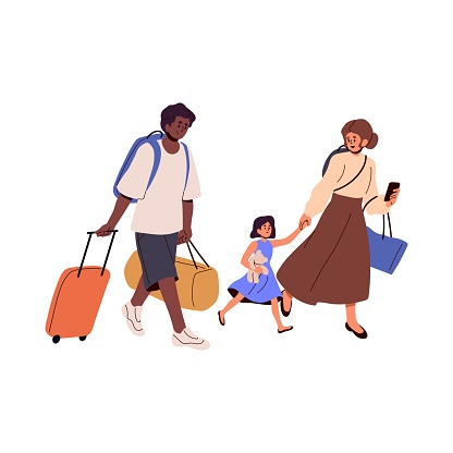 Family with kid going with luggage, bags. Parents and child tourists travel, walking with baggage, suitcases. Passengers, mother, father and girl. Flat vector illustration isolated on white background.