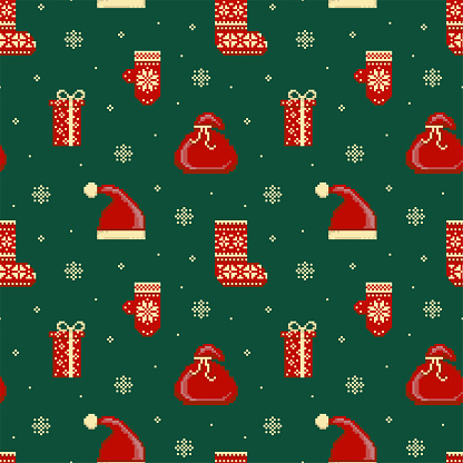 Vintage 8 bit Christmas pattern with Santa hat, bag, mittens, stocking and gifts in traditional green red colors. Retro pixel art Xmas seamless background for fabric, textiles and gift wrapping paper.
