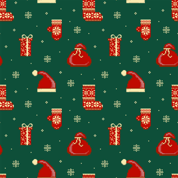 Pixel Art Christmas Pattern with Santa Hat Vintage 8 bit Christmas pattern with Santa hat, bag, mittens, stocking and gifts in traditional green red colors. Retro pixel art Xmas seamless background for fabric, textiles and gift wrapping paper. christmas pattern pixel stock illustrations