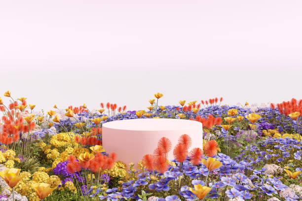 istock 3d render platform and Natural podium background on colorful flowes field for product display, Blank showcase, mock up template or cosmetic presentation with empty round stage 1432148955
