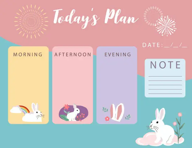 Vector illustration of pastel cute planner with rabbit.Can use for printable,scrapbook,diary
