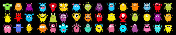 monster super großes icon-set. fröhliches halloween. süße cartoon kawaii baby charakter. lustiges kopfgesicht bunte silhouette. augen zähne horn fang zunge. hände hoch, runter. flaches design. schwarzer hintergrund. - sweet tooth in a row stock-grafiken, -clipart, -cartoons und -symbole