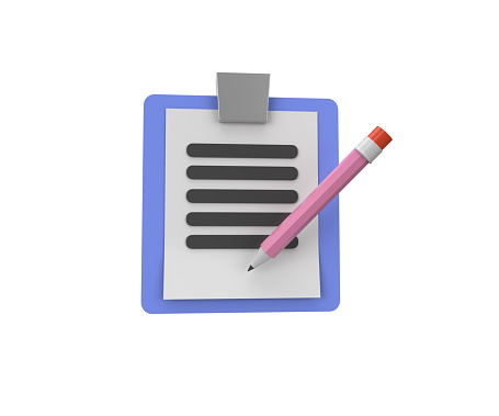 3d Illustration Clipboard and pencil with sheets of paper, document icon, notes, report.