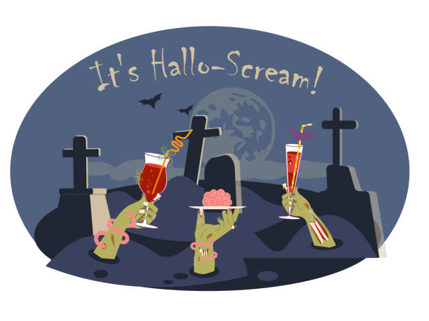 ilustrações, clipart, desenhos animados e ícones de banner de halloween horizontal oval com mãos de zumbi morto - zombie cocktail