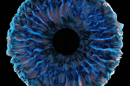 Close-up of multiple layers blue iris with glowing particles, CGI.