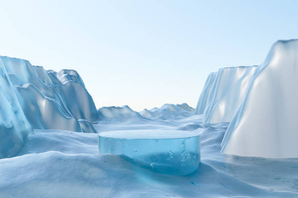 istock 3d render Abstact stage podium background, Round ice podium on frozen river floor and ice canyon mountain backdrop sky for product display, mock up and showcase 1432150390