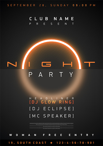 Night club dance party music cover poster design template, glow light ring on black background with blured glass. Circle neon light. Modern banner for concert disco event, festival flyer.