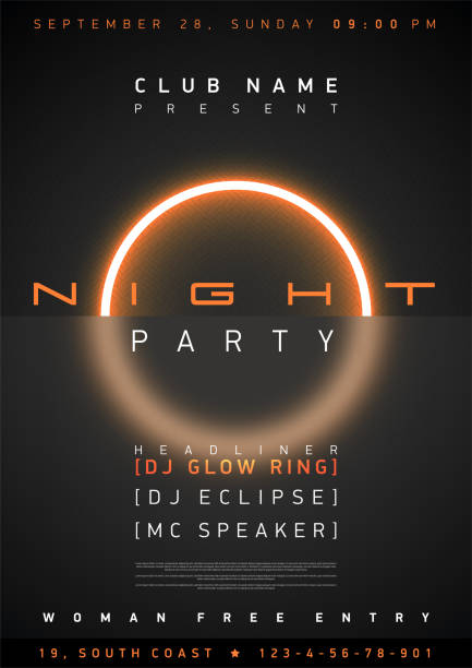 Night club dance party music cover poster design template, glow light ring on black background with blured glass. Circle neon light. Modern banner for concert disco event, festival flyer Night club dance party music cover poster design template, glow light ring on black background with blured glass. Circle neon light. Modern banner for concert disco event, festival flyer. clubwear stock illustrations