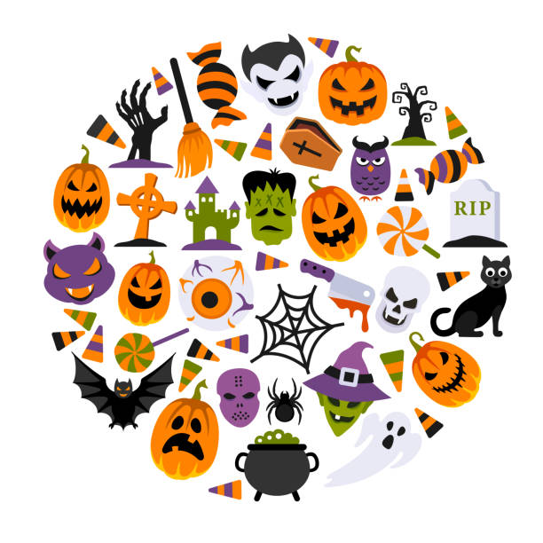 illustrazioni stock, clip art, cartoni animati e icone di tendenza di composizione rotonda di halloween. dolcetto o scherzetto. montaggio spettrale. - bare tree immagine