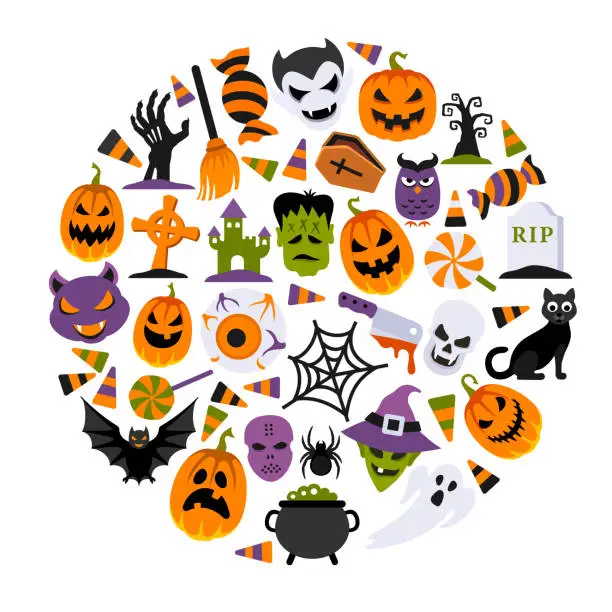 Vector illustration of Halloween round composition. Trick Or Treaters. Spooky Montage.