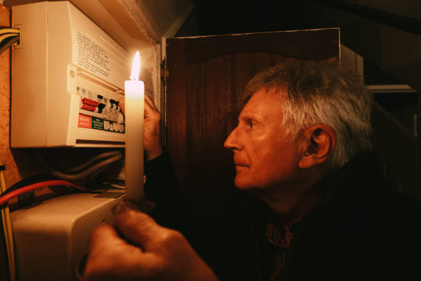 istock Senior man checking home fuse box by candlelight during power outage 1432151879