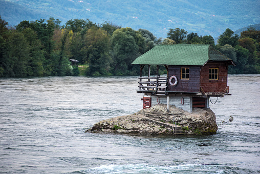 Traditional Small Rock House on River Drina near Bajina Basta, Serbia