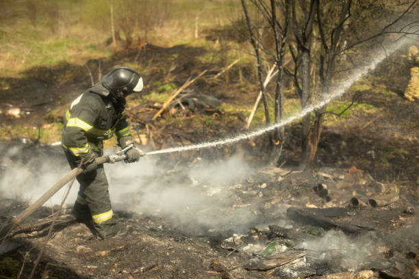 istock Firefighter puts out fire in woods. Lifeguard pours water. 1432152895