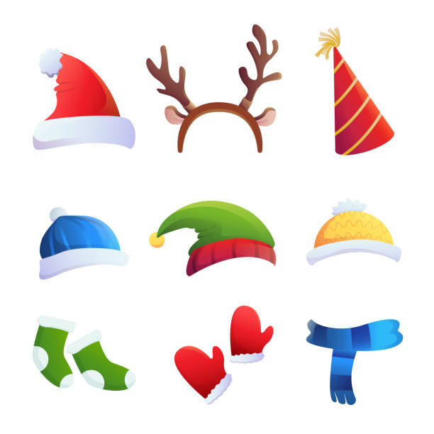 ilustrações de stock, clip art, desenhos animados e ícones de set of accessories from hats, socks and mittens for christmas and new year. vector illustration - scarf hat green glove