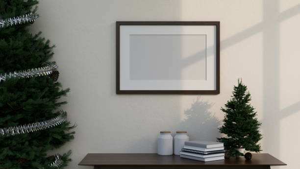 istock Modern living room with home decor, blank frame mockup on white wall, and Christmas tree. 1432153060