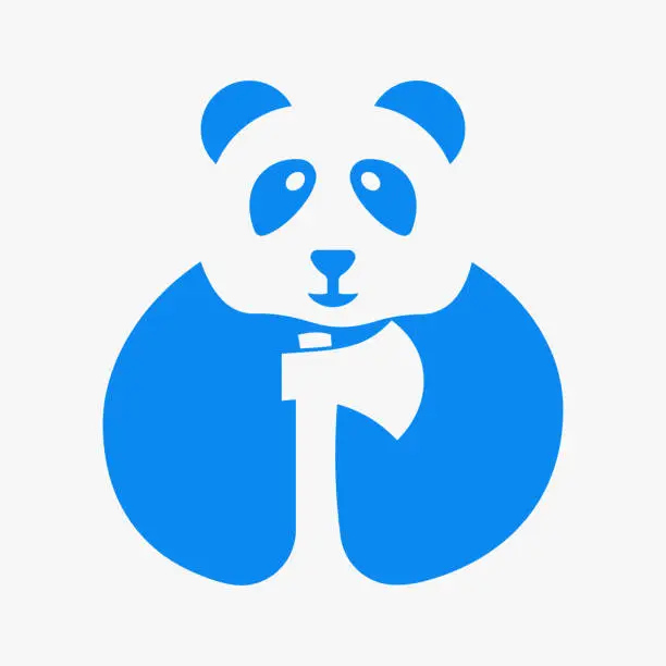 Vector illustration of Panda Axe Logo Negative Space Concept Vector Template. Panda Holding Axe Symbol