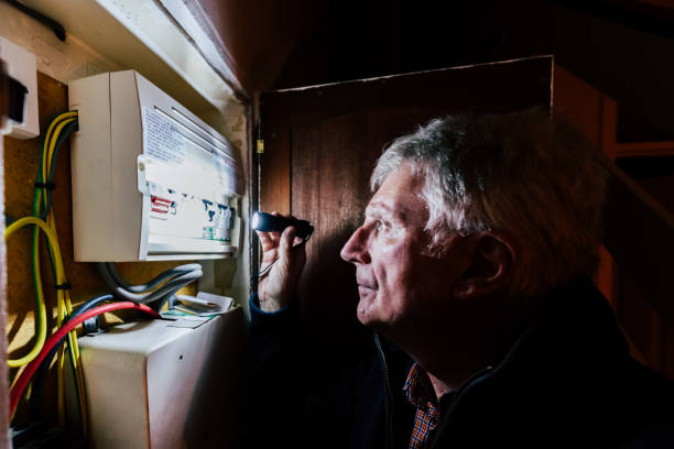 istock Senior man checking home fuse box by torchlight during power outage 1432154069