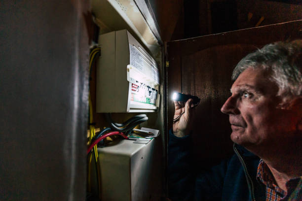 istock Senior man checking home fuse box by torchlight during power outage 1432154144