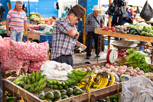 El Santurio, Antioquia - Colombia. June 26, 2022. Traditional market square of the Colombian town where fruits and vegetables are