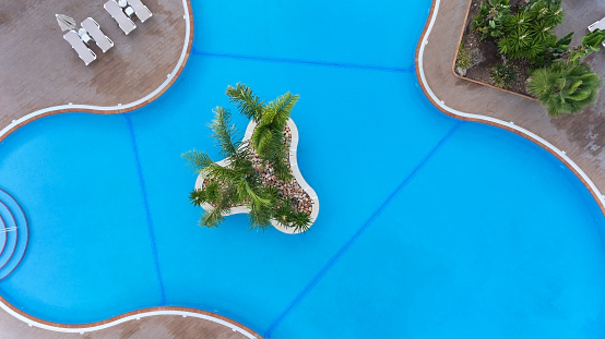 Luxurious figured pool from above, with palm trees for tourists to relax