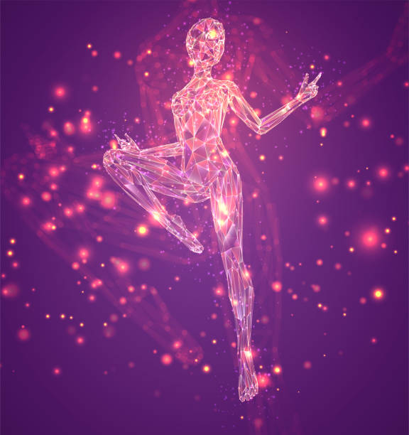 istock A female silhouette of luminous lines and dots dancing on an abstract pink background. vector layout 1432154413