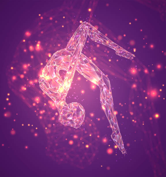 istock A female silhouette of luminous lines and dots dancing on an abstract pink background. vector layout 1432154421