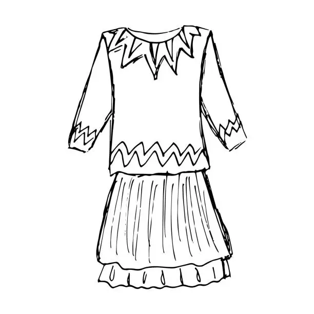 Vector illustration of hand-drawn fashionable women's dress in retro style