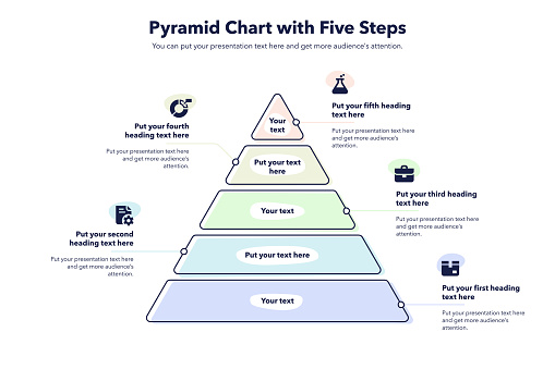 Pyramid chart template with five colorful steps. Creative diagram divided into five steps with minimalistic icons.