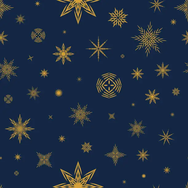 Vector illustration of Gold stars and snowflakes. Seamless pattern with stars and snowflakes on a blue background. Christmas Pattern for gifts.