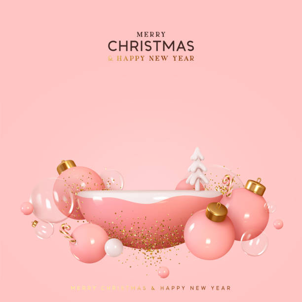 illustrazioni stock, clip art, cartoni animati e icone di tendenza di natale e capodanno sfondo rosa. podio realistico della fase di progettazione 3d, sfera semicircolare da studio. elementi decorativi festivi palline di vetro palline. podio modello vacanze natalizie. illustrazione vettoriale - vertical copy space nobody christmas