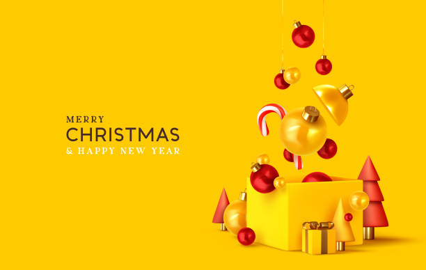 с новым годом и рождеством христовым. рождественский дизайн реалистичных абстрактных 3d объектов. подарочная коробка, яркие шары безделушк� - yellow box stock illustrations