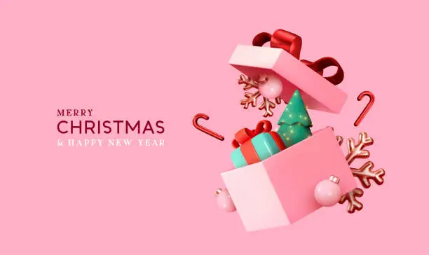 Vector illustration of Christmas gifts box realistic 3d design. Xmas composition falling open pink gift boxes with festive decorative objects, Pine Tree, balls bauble. Happy new year holiday background. Vector illustration