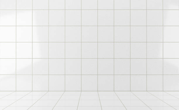 White glossy tiles bathroom or kitchen background with podium
