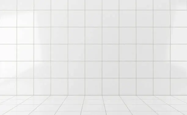 White glossy tiles bathroom or kitchen background with podium for cosmetic product presentation. Abstract minimal summer background. 3d render