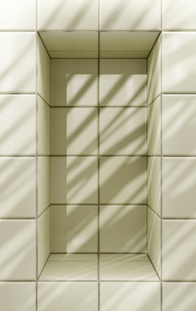istock Beige pastel tiles bathroom or kitchen background with podium 1432160176