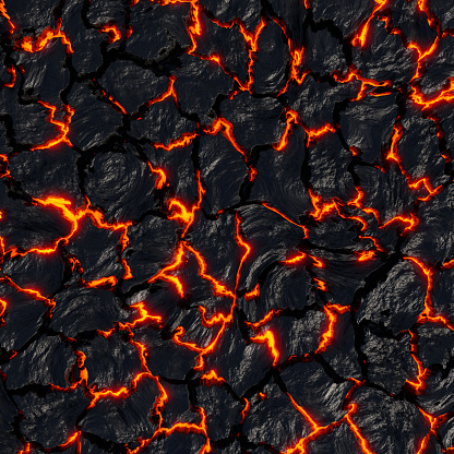 Realistic lava flame on black ash background. Texture of molten magma, rock surface. Dangerous, hazardous nature, environment concept backdrop. Volcano, fire, crust abstract background. 3d render